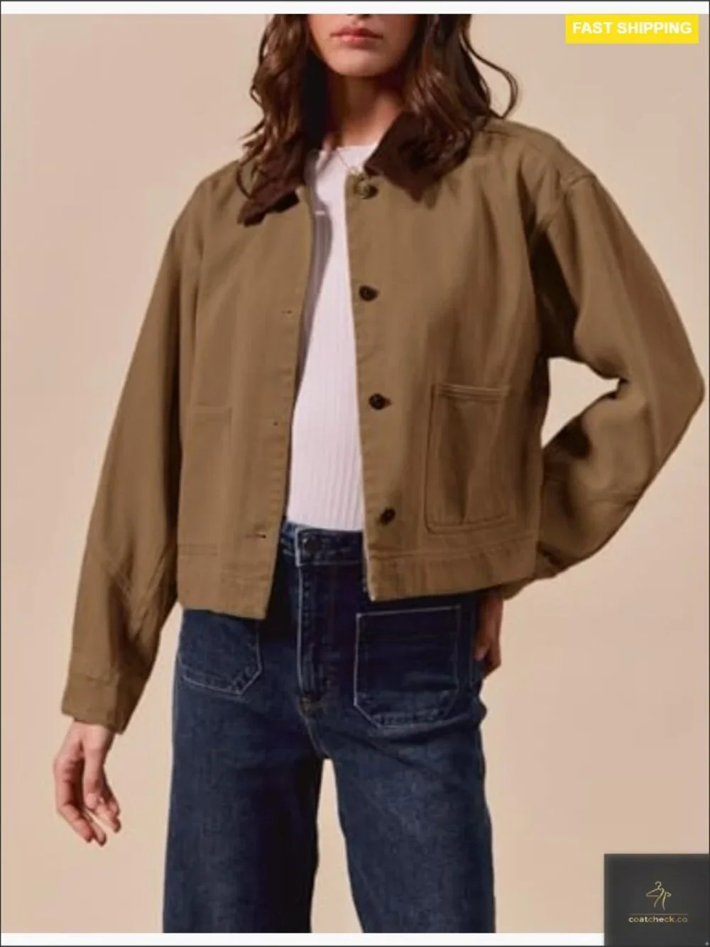 Cropped Barn Jacket Button Down Cord Collar with Pockets Trendy Work Outerwear